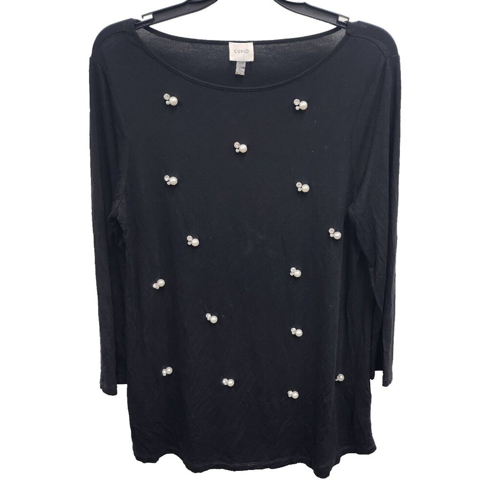 Cupio Womens Tunic Top Large Black Jersey Faux Pearl Jeweled 3/4 Sleeve Casual
